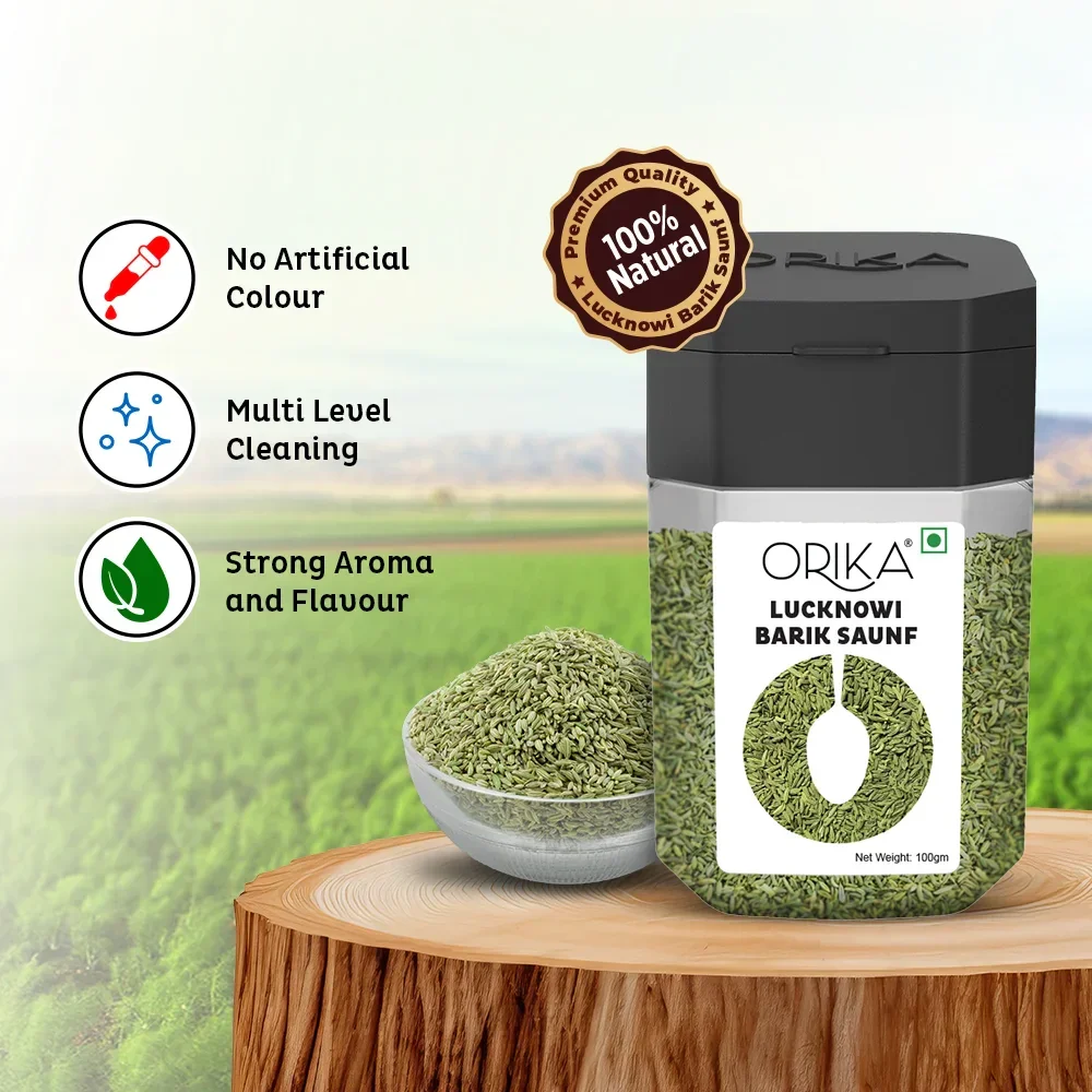 Orika Lucknowi Barik Saunf | Premium Fine Fennel Seeds for Mukhwas, Digestive, Cooking & Mouth Freshener | 100g Jar - Image 3
