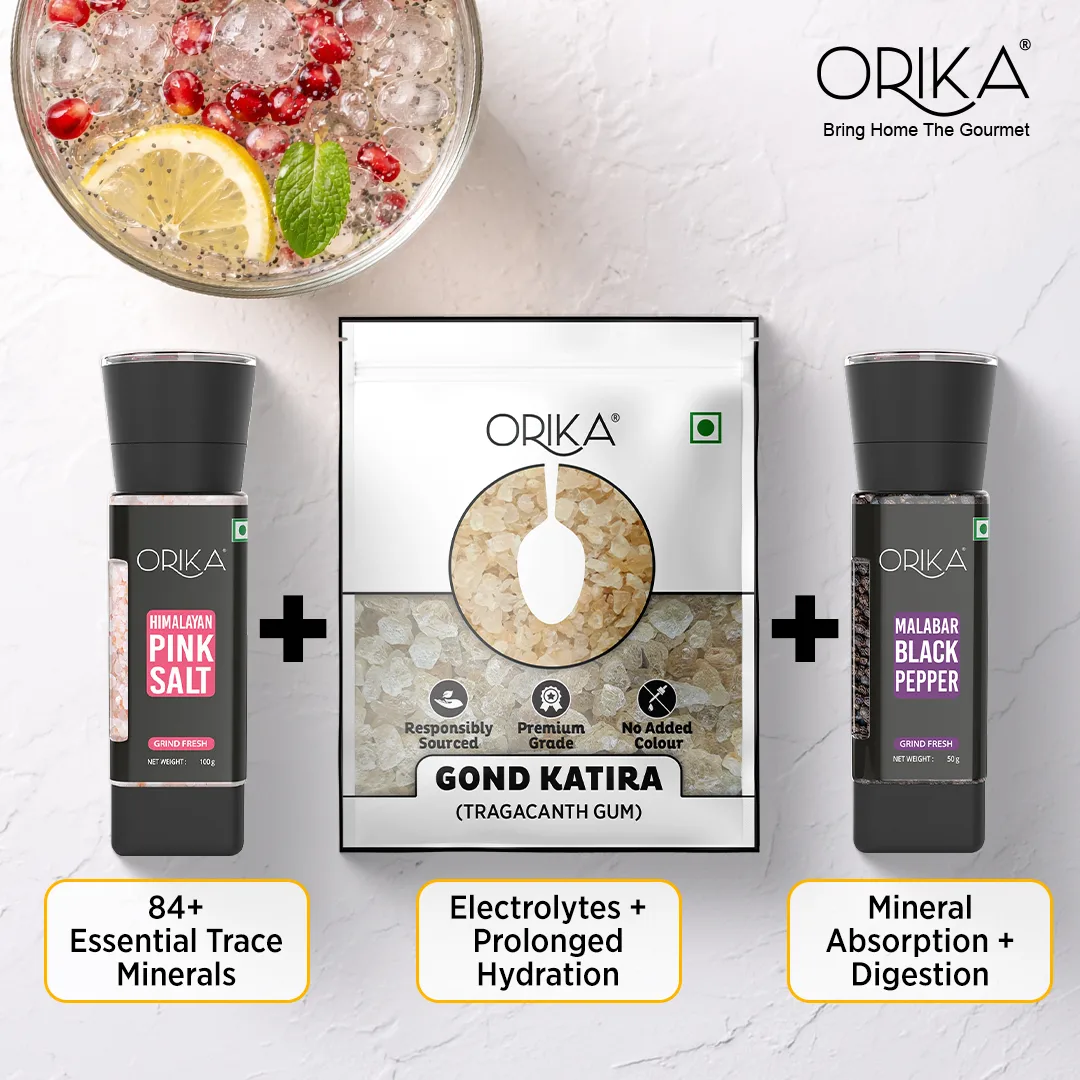 Orika Summer Hydration Trio | Gond Katira (80g), Pink Salt Grinder (100g) & Black Pepper Grinder (50g) - Image 3