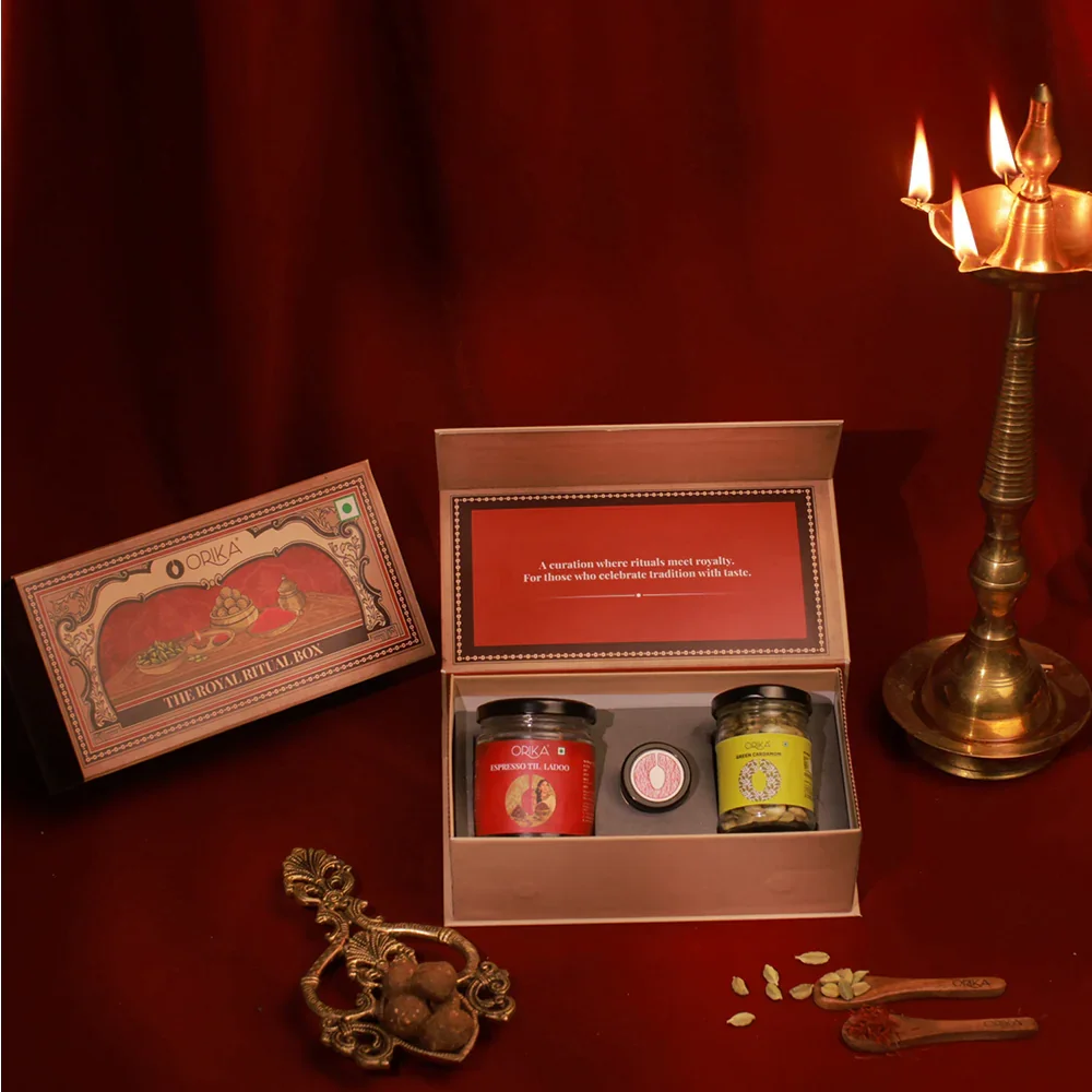 Royal Ritual Gift Box | Kashmiri Pampore Saffron (Kesar) 0.25g, Idukki Bold Green Cardamom 25g & Espresso Till Laddoo - Image 4